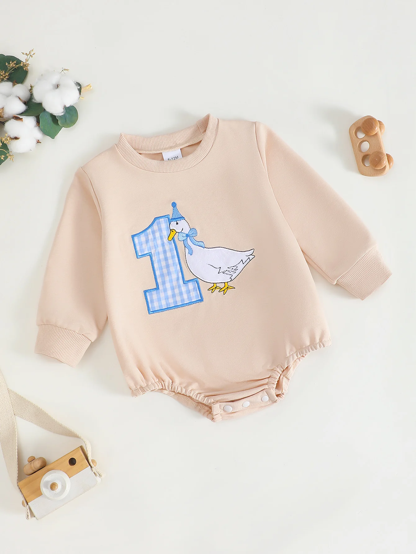 1-jähriges Patchwork-gesticktes Muster für Kleinkinder, Jungen, langärmelig, Dreieck-Strampler, Einteiler, Babykleidung