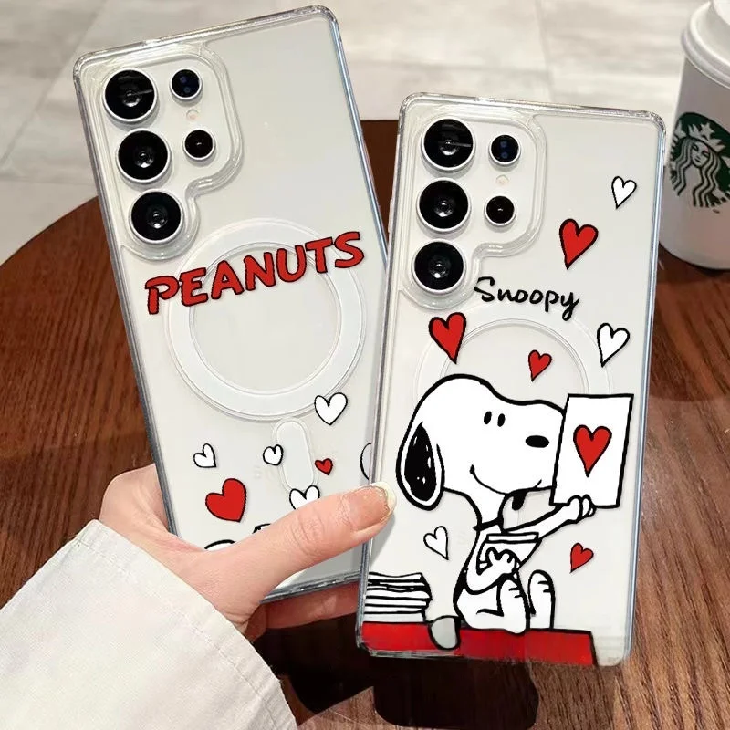 

Cute Cartoon Love sleep Snoopy Magsafe Wireless Charge Case For Samsung S22 S23 S22 S24 S25 Ultra Plus Funny Magnetic Cover