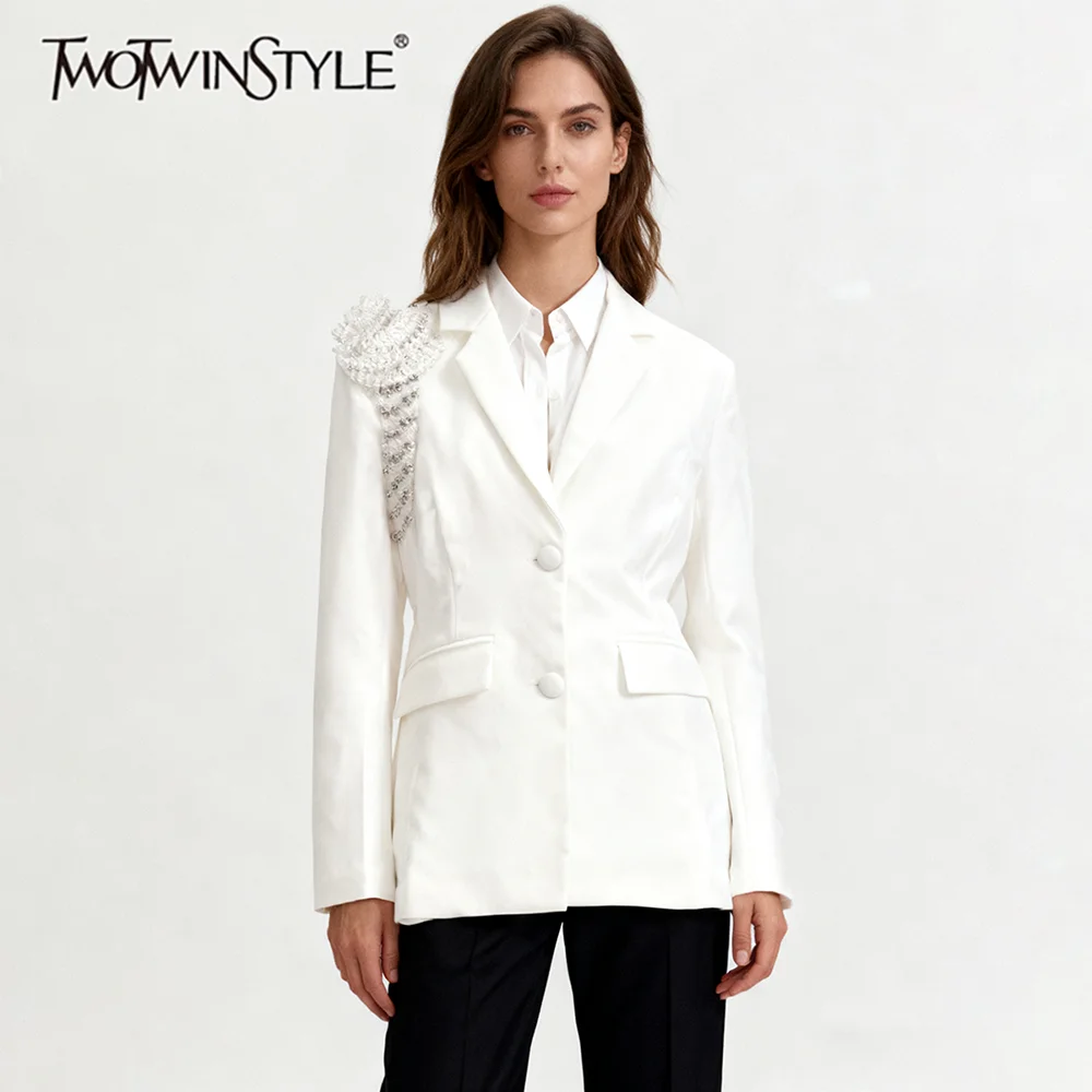 

TWOTWINSTYLE Solid Spliced 3D Flower Elegant Blazers for Women Lapel Long Sleeves Patchwork Tassels Blazer Female Clothing New