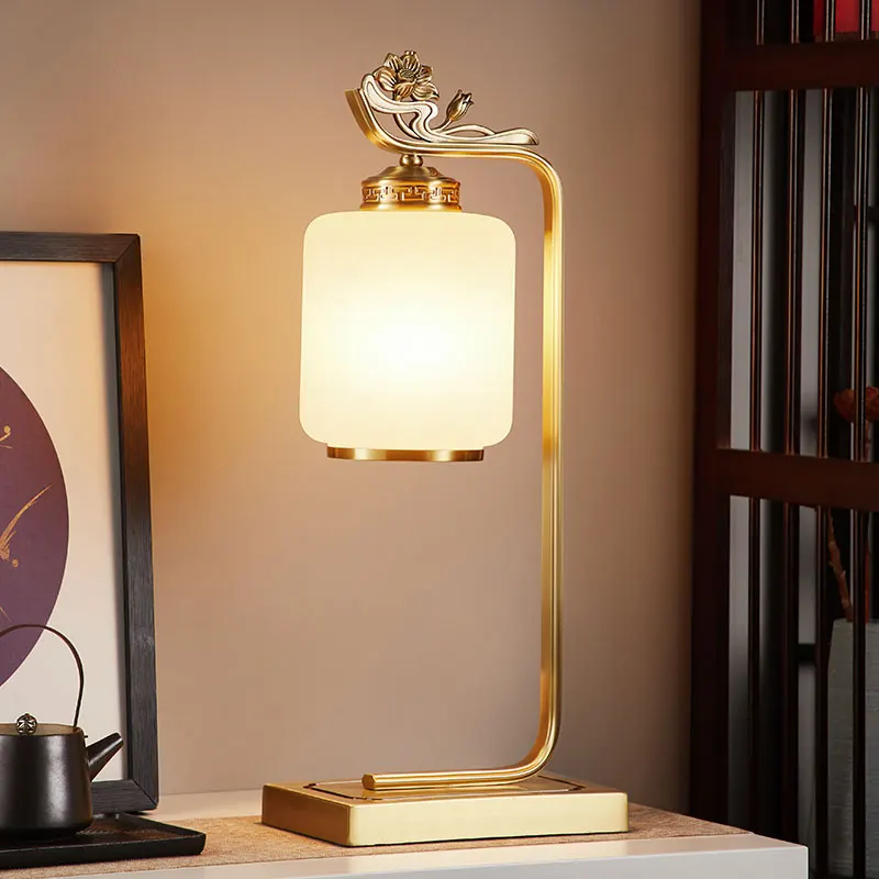 

Moden Carving All Copper LED Table Lamp Cylindrical White Glass Lampshade Luxury Living Room Bedroom Study Restaurant Desk Light