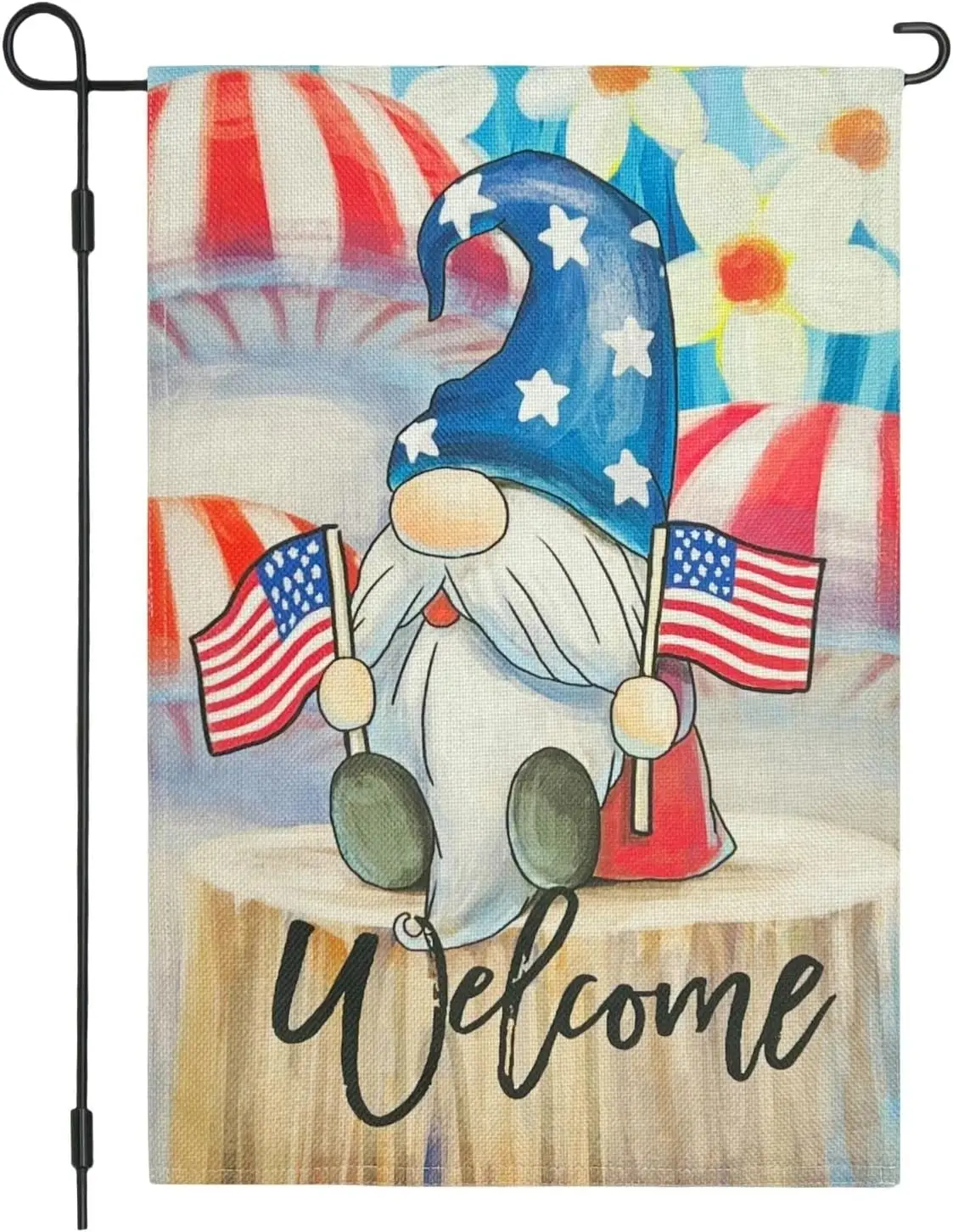 Patriotic Welcome Gnomes Garden Flag, Burlap Double Sided Small Vertical 12x18 Inch flags, Independence Day Fourth of July Lawn