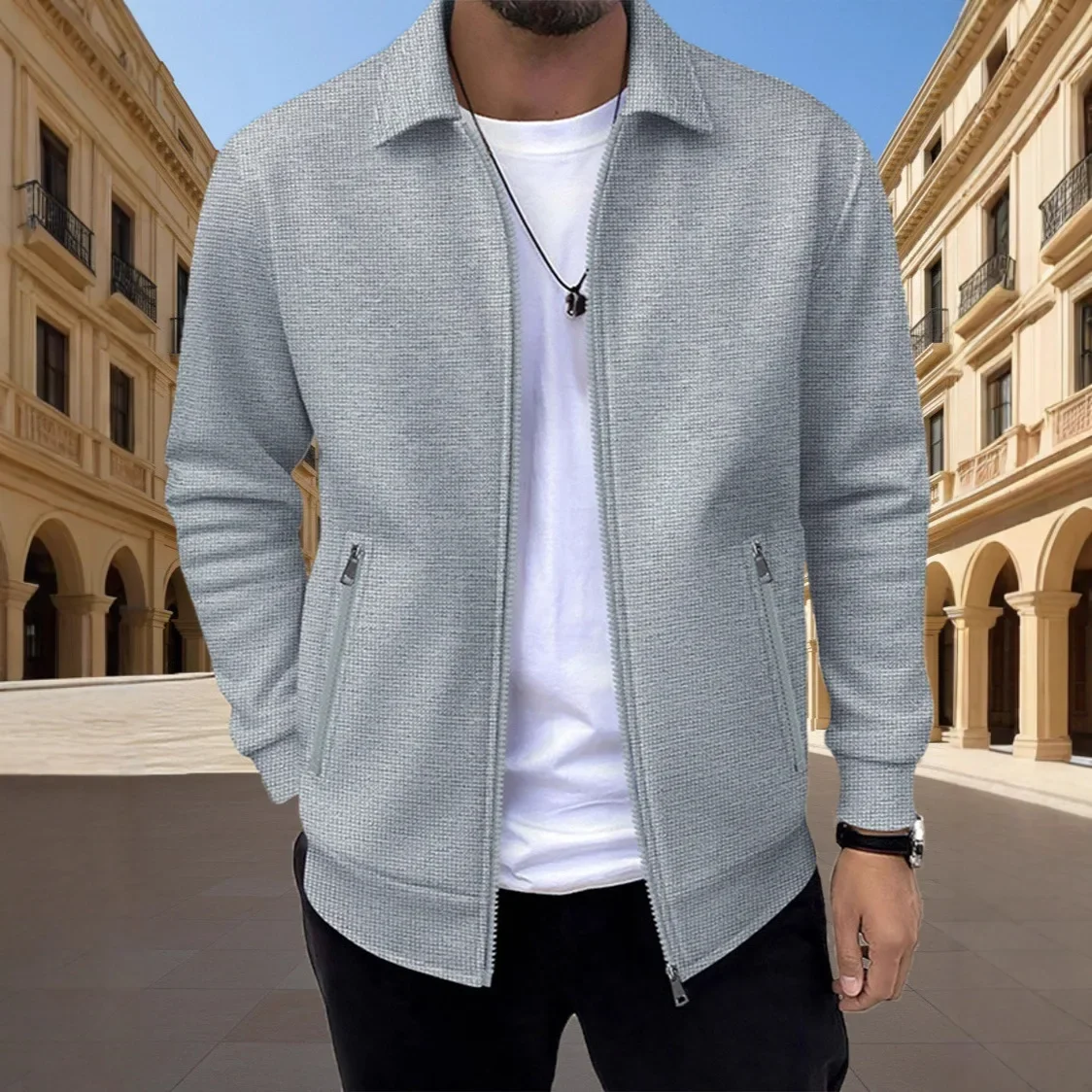 Men's 2026 Spring Autumn Waffle Texture Cardigan Lapel Zip Up Slim Fit Solid Color Zipper Pocket Casual Fashion Daily Outerwear