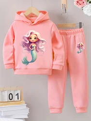 2sets Fashion girls sweet cute casual Autumn/Winter mermaid print warm fleece hoodie and tracksuit pants