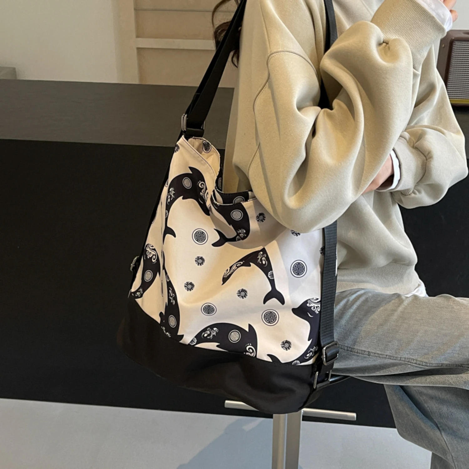 &  Pattern Canvas Tote Bag For Women, Large Capacity, Versatile Shoulder & Backpack, Casual Travel Satchel, Lightweight Hobo Bag