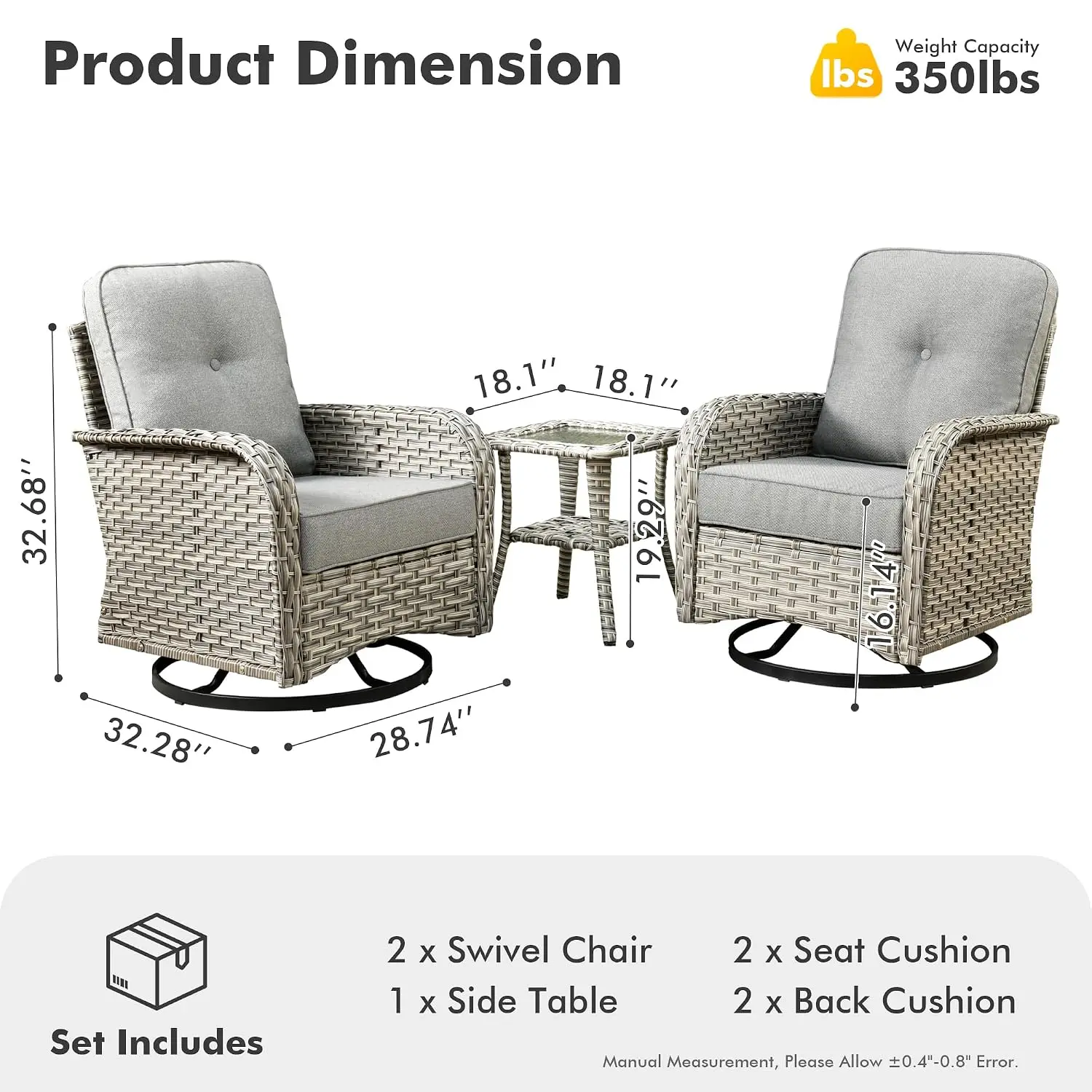Outdoor Swivel Rocker Patio Chair Set 2 with Wicker Glider, Rattan Side Table, Dark Gray, Customized