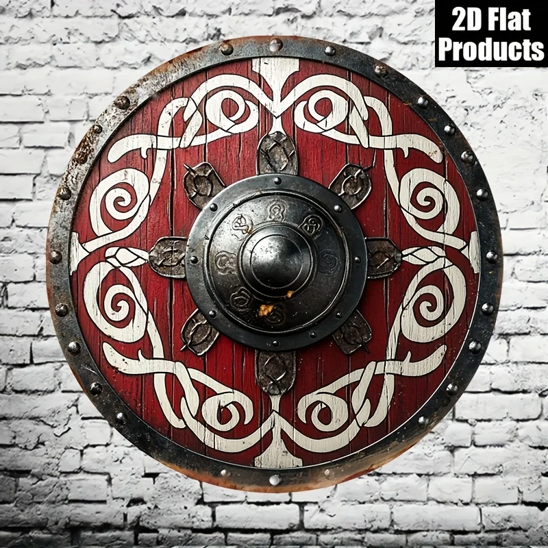 2D Flat - 1pc of a Flat Metal Sign Featuring a Viking Shield Design, Measuring 20.32Cm by 20.32Cm, Designed in an vintage Style