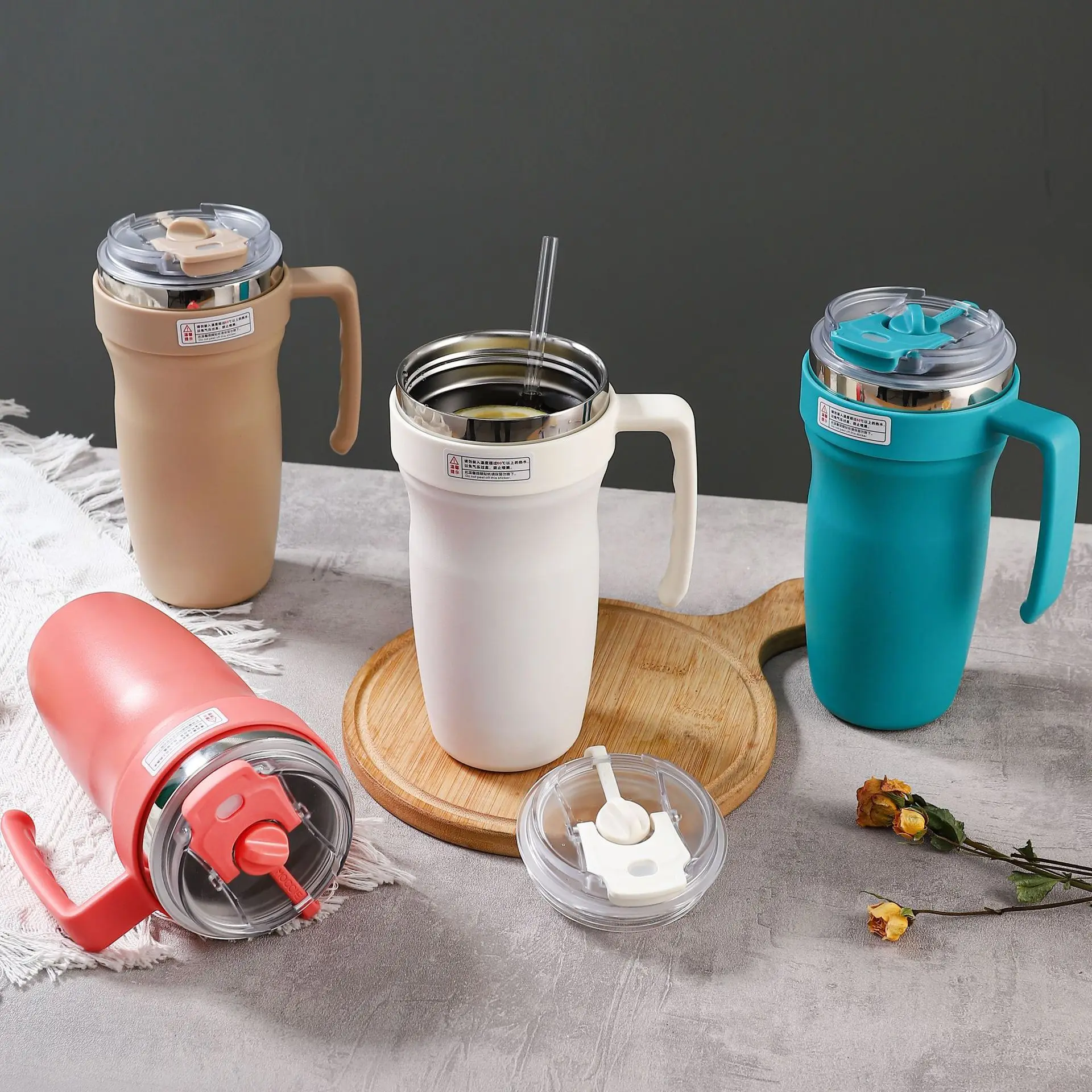 

New 600ml Stainless Steel Double Drinking Straw Insulation Cup with Handle Office Cup Outdoor Convenient Car Water Bottle