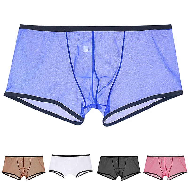 Bóxer transpirable de malla elástica para hombre, ropa interior de cintura baja, seda de hielo, bragas transparentes, Color sólido