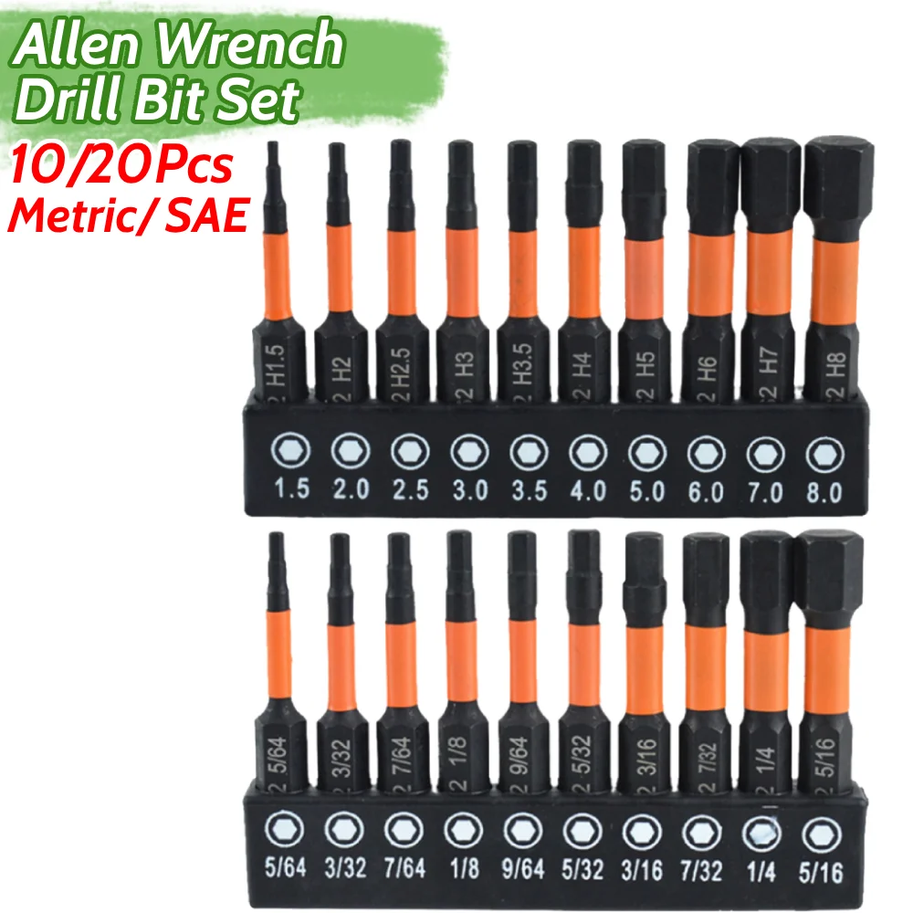 10/20Pcs Allen Wrench Drill Bit Set S2 Steel 1/4 Hex-Shank Allen Key Drill Bit Set Metric & SAE 2 In Long Magnetic Hex Bits