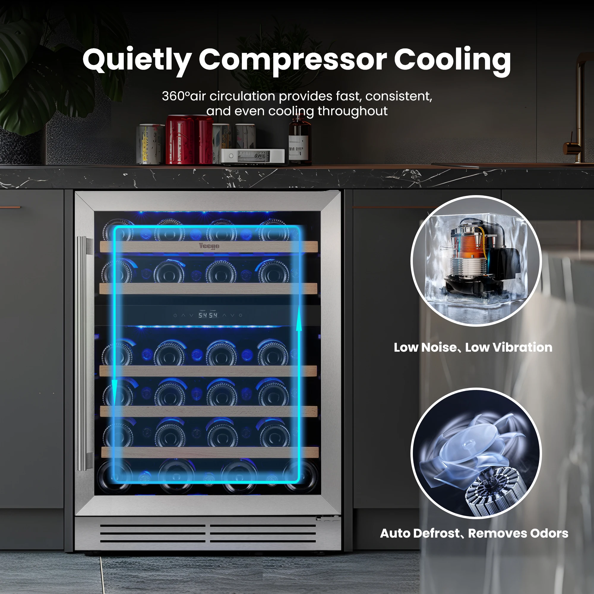 Yeego 24" Dual Zone Wine Cooler - 47Bottle Compressor Cooling, Steel Glass Door, Quiet Built-in/Free Standing for Home & Bar