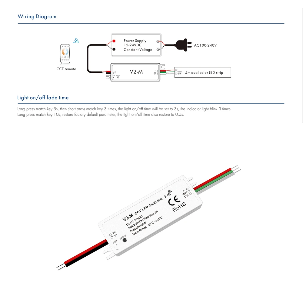 

Skydance V2-M DC12-24V Mini 2.4GHzRF 2.5A 2CH CCT Constant Voltage ColorTemperature LED Controller For Dual Color LED Strip