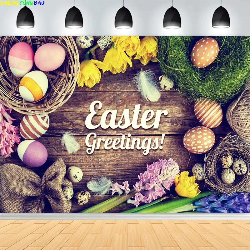 Colorful Easter Day Floral Photography Backdrop Doorway Eggs Bunny Pastel Whimsical Spring Garden Birthday Party Background HF10