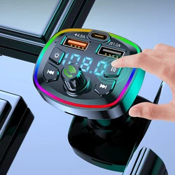 Car Bluetooth 5.0 FM Transmitter PD 18W Type-C Dual USB 4.8A Fast Charger Colorful Ambient Light Cigarette lighter MP3 Player