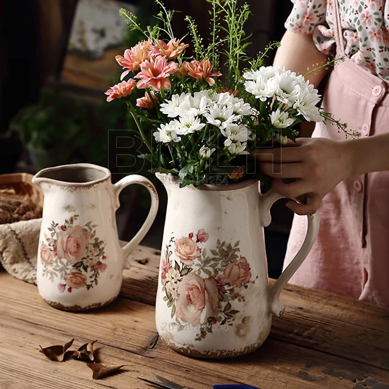 

Retro Ceramic Vase Pink Rose Large Home Decoration Flower Pot Vase of Flowers with Handle Desktop Decoration Ornaments