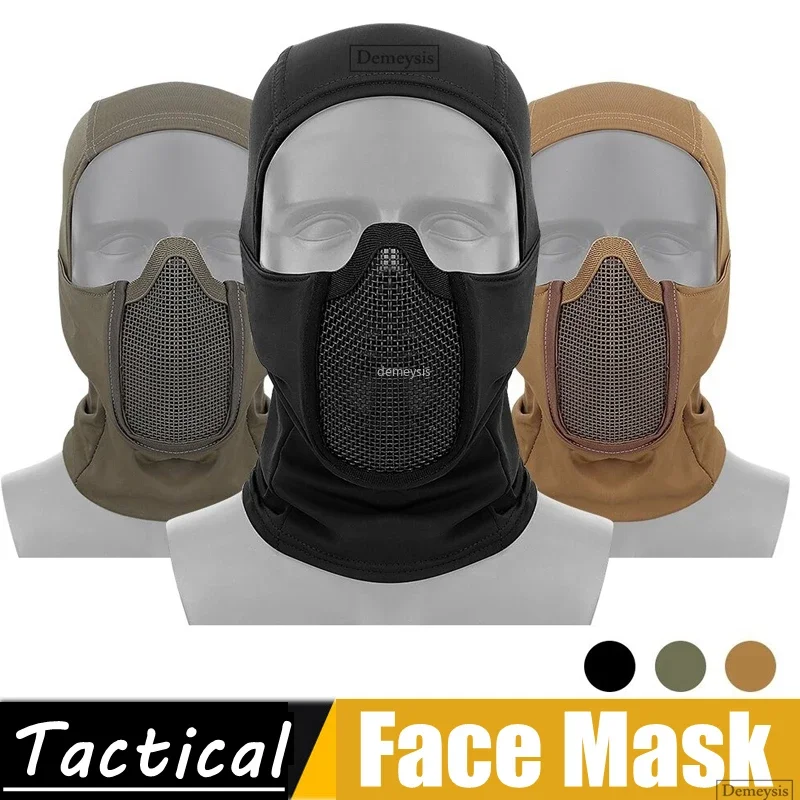 Taktyczna kominiarka z siatką, maska do airsoftu i paintballa, pełna osłona twarzy, styl ninja, kaptur, stalowa maska metalowa, składana konstrukcja.
