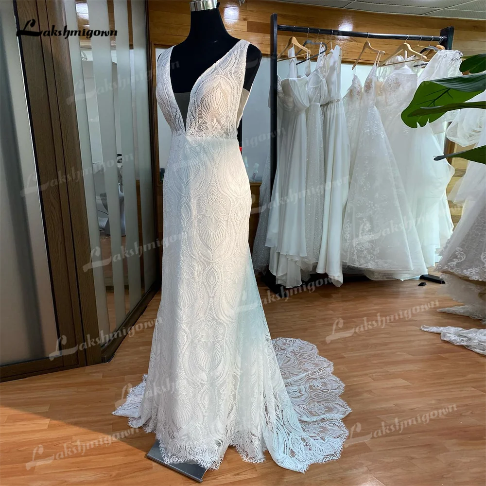 Vestido de novia de sirena de encaje personalizado con escote en V pronunciado, vestidos de novia formales largos sin espalda sexis sin mangas