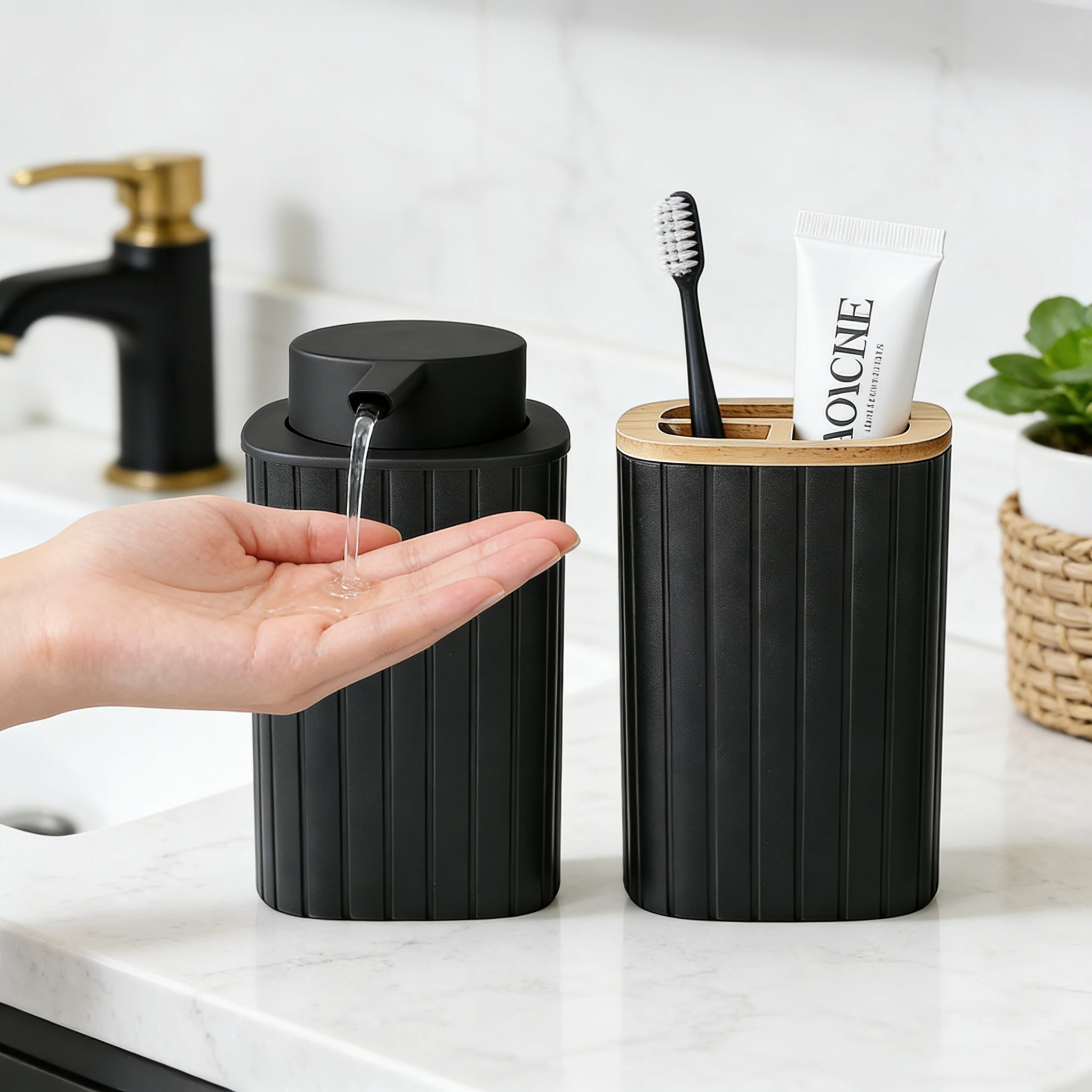2pcsVanity Hands Soap Dispenser and Toothbrush Holder for Bathroom, Matte Black Vanity Liquid Soap Bottle and Toothpaste Cup Set