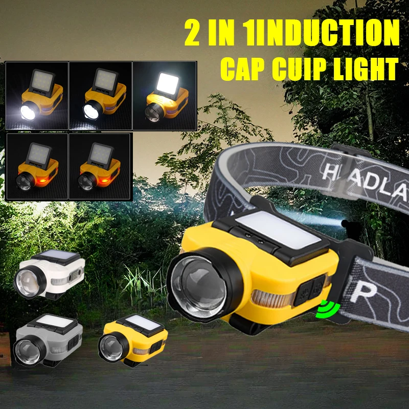 Rechargeable LED Headlamps Sensor COB Floodlight Flashlight with 5 Modes Headtorch Pen Clip Outdoor Camping Fishing Headlight