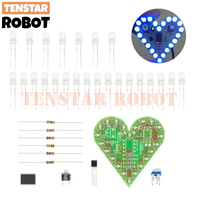 Electronic Heart Shape LED Voice Control Kit, giratório estrela, giroscópio, aprender a solda, iniciante, laboratório