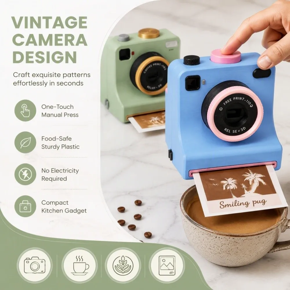 Funny 3D Printed Latte Camera Replaceable Cards Vintage Look Coffee Powder Print Camera Included Stencils Food Safe