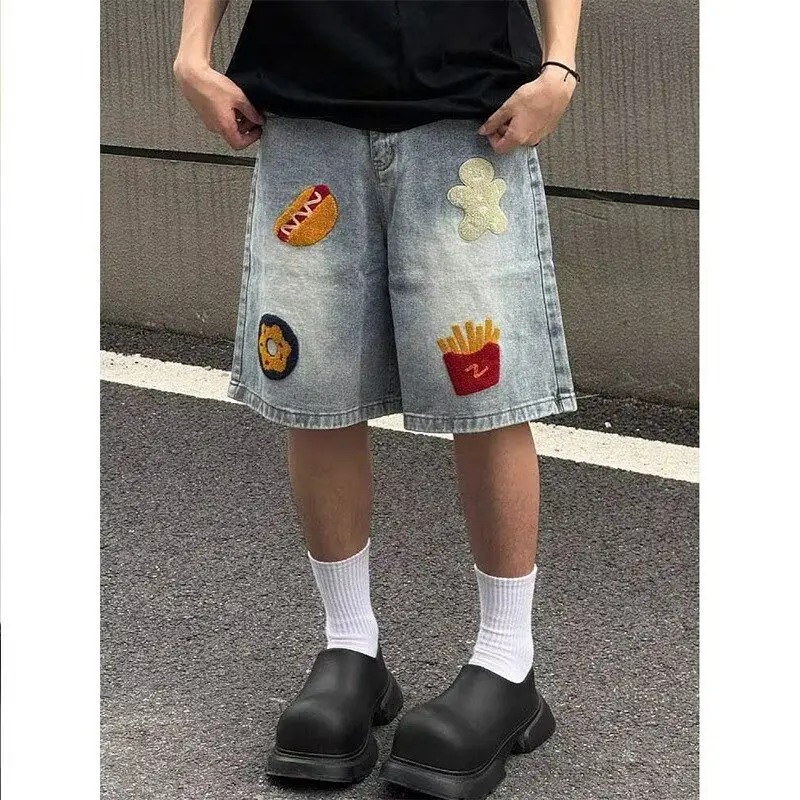

American Street Style Worn-In Creative Towel Embroidered Denim Shorts Straight Leg Five-Quarter Length Trendy Streetwear for ...