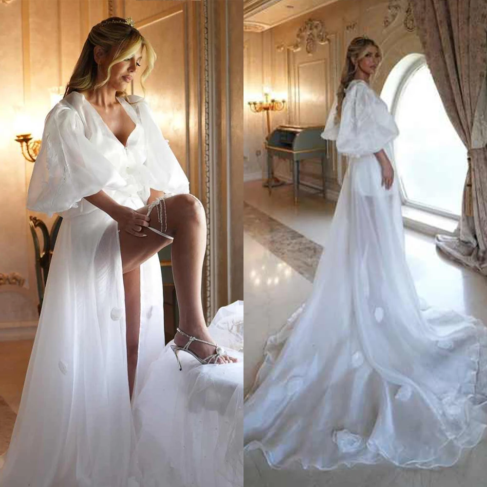 Vestidos de Novia Blancos, Bata de Tul Transparente con Abertura Frontal, Bata de Maternidad para Embarazadas, Ropa de Dormir Personalizada para Novia, Ropa de Boudoir