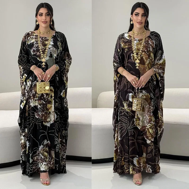 

Mq195 Modest Platform Hot Selling New Style Fashionable Printed Large Flower Hot Stamping Chiffon Dress Islam Elegant