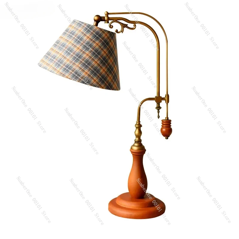 American Retro Vintage British Grille Table Lamp LED Solid Wood Adjustable Decorative Desk Lights Bedroom Bedside Coffee Sofa