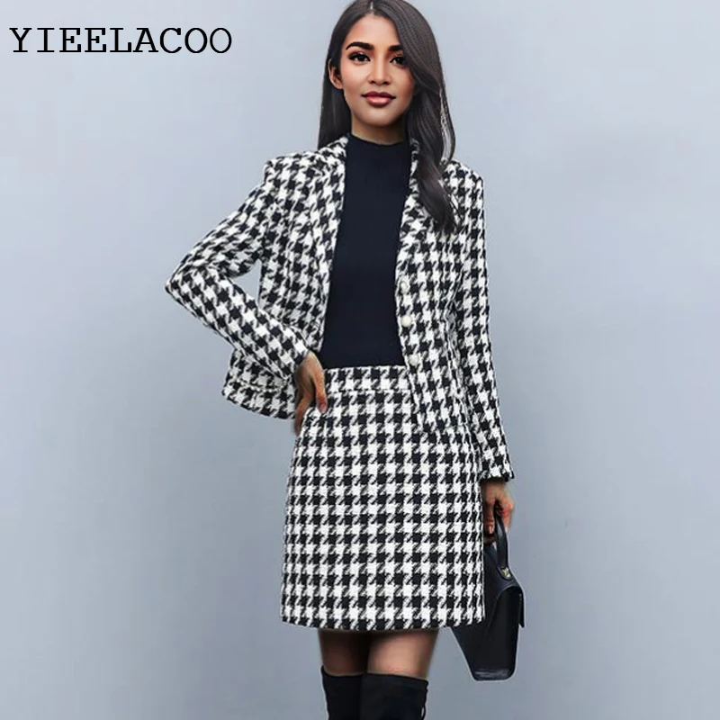 

Черный клетчатый твидовый пиджак + костюм с юбкой, деловой профессиональный весенне-осенний женский пиджак, женские комплекты с юбкой из 2 предметов