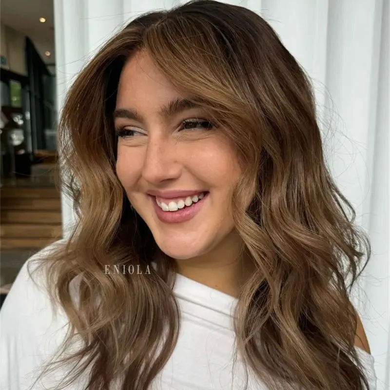 Peruka damska średniej długości, miękka, ombre karmelowy brąz, HD niewidoczna syntetyczna peruka typu lace front, gotowa do wysyłki, cosplay, na co dzień, na imprezę.