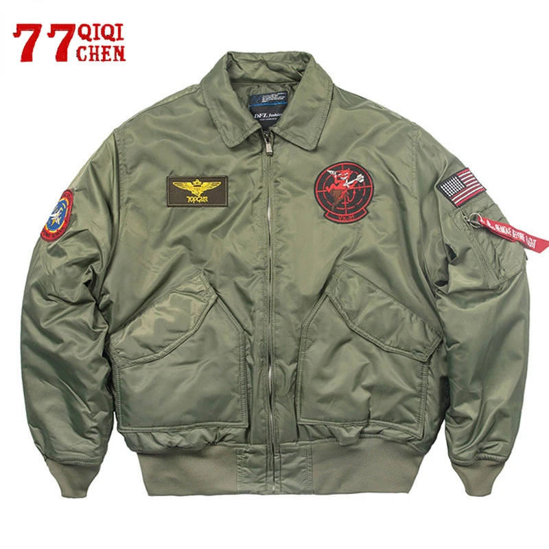 

Vintage Bomber Jacket Men Winter Turndown Collar Embroidered Badge Thick Warm Military Jackets Large Pocket Army Green Coat Fall