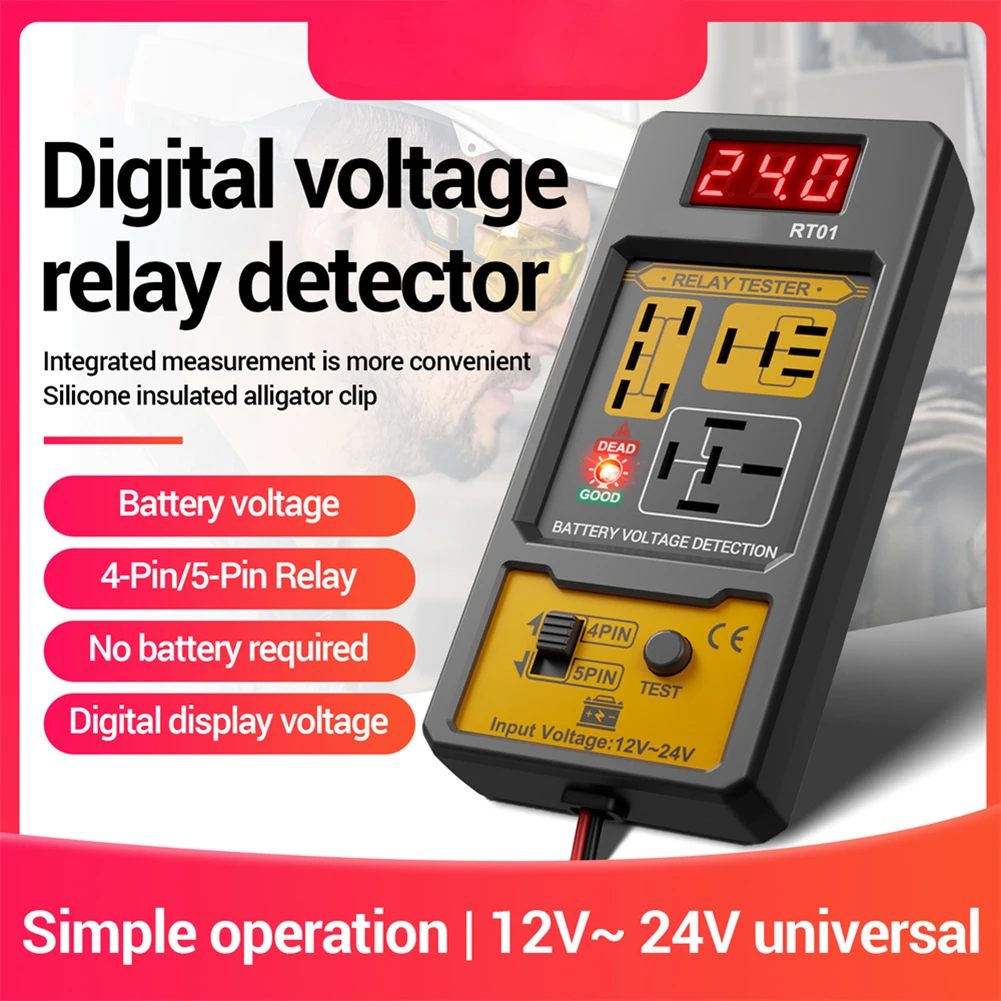 

RT01 Car Relay Tester Battery Digital Display Relay Analyzer 12V24V Car Battery Voltage Detector With Alligator-Clip