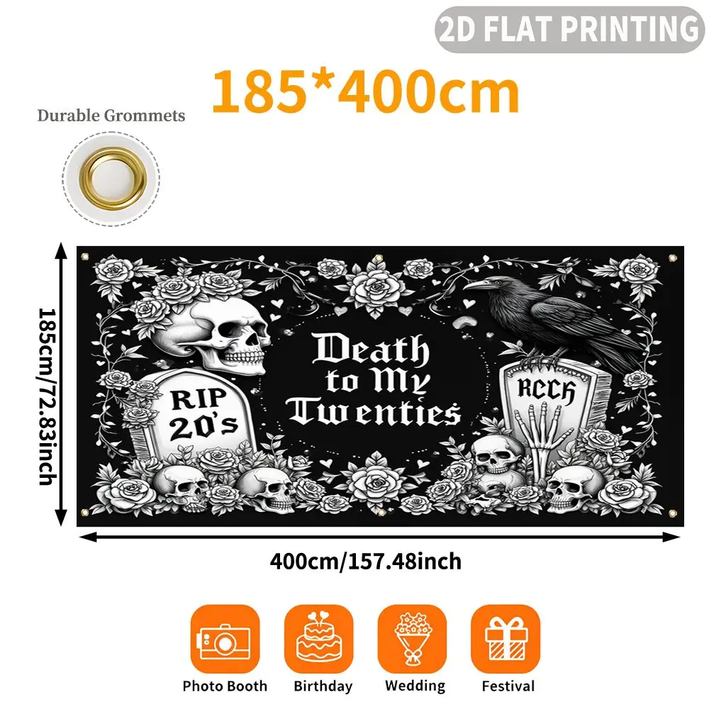1pc 2D FLAT Halloween Party Garage Banner, Death To My Twenties Skull Roses Pattern, No Power Need, for Garage Door Decor