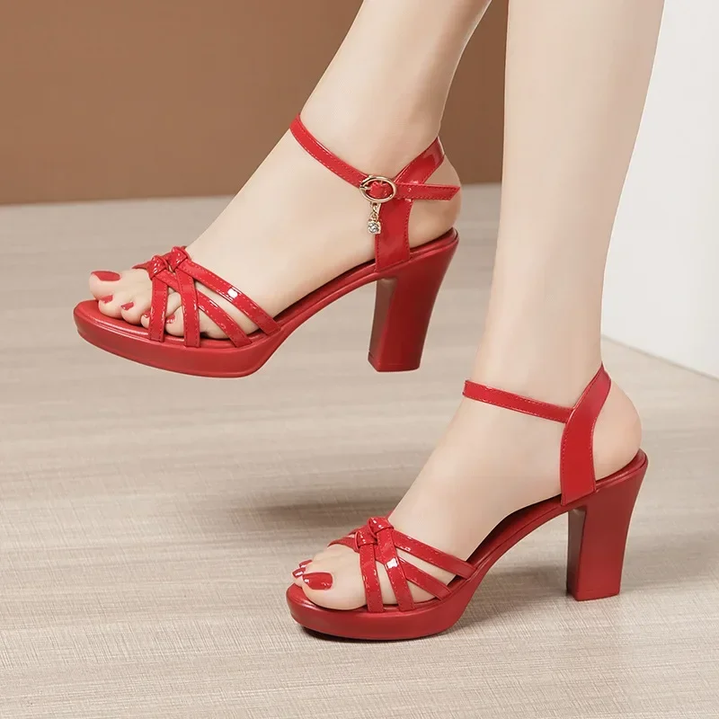 High quality leather sandals for women 8cm high heel 2023 summer size 32 33 42 43 platform open toe elegant shoe black white