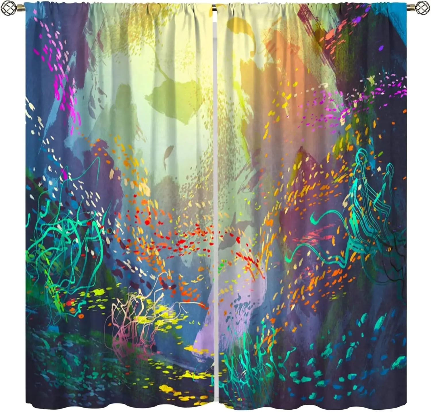 Ocean Decor Curtain, Untouched Wild Underwater Aquatic World Corals Exotic Fishes Seascape Curtain for Living Room Cafe 2 Panels