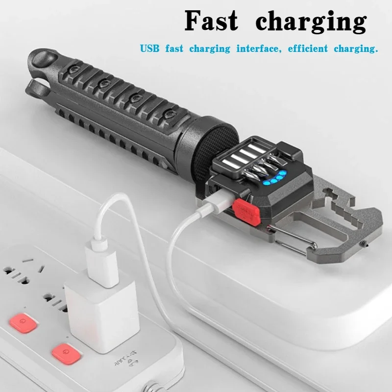 Mini LED Flashlight Rechargeable Keychain Light Work Light Outdoor Camping Light Portable Pocket Wrench Screwdriver Safety Hamme