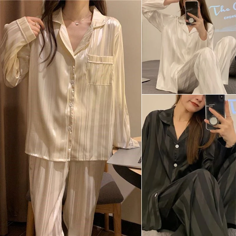 Pajamas Female Summer Ice Silk Girls Homewear Long-Sleeved Trousers Simulation Silk Black Striped Plus Size Suit