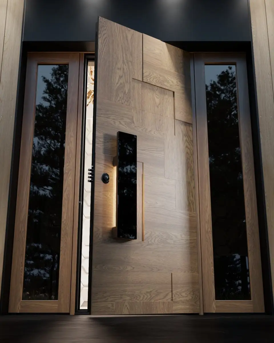 Large Sized Household Wood Grain Color Anti Theft Aluminum Alloy Front Door with Side Opening Window and Door Lock Entry Doors