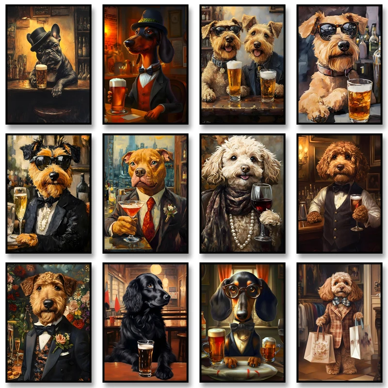 Funny Animal Art Poster Poodle Holding A Beer Print Canvas Painting Wall Art Picture for Living Room Cuadros Home Decoration