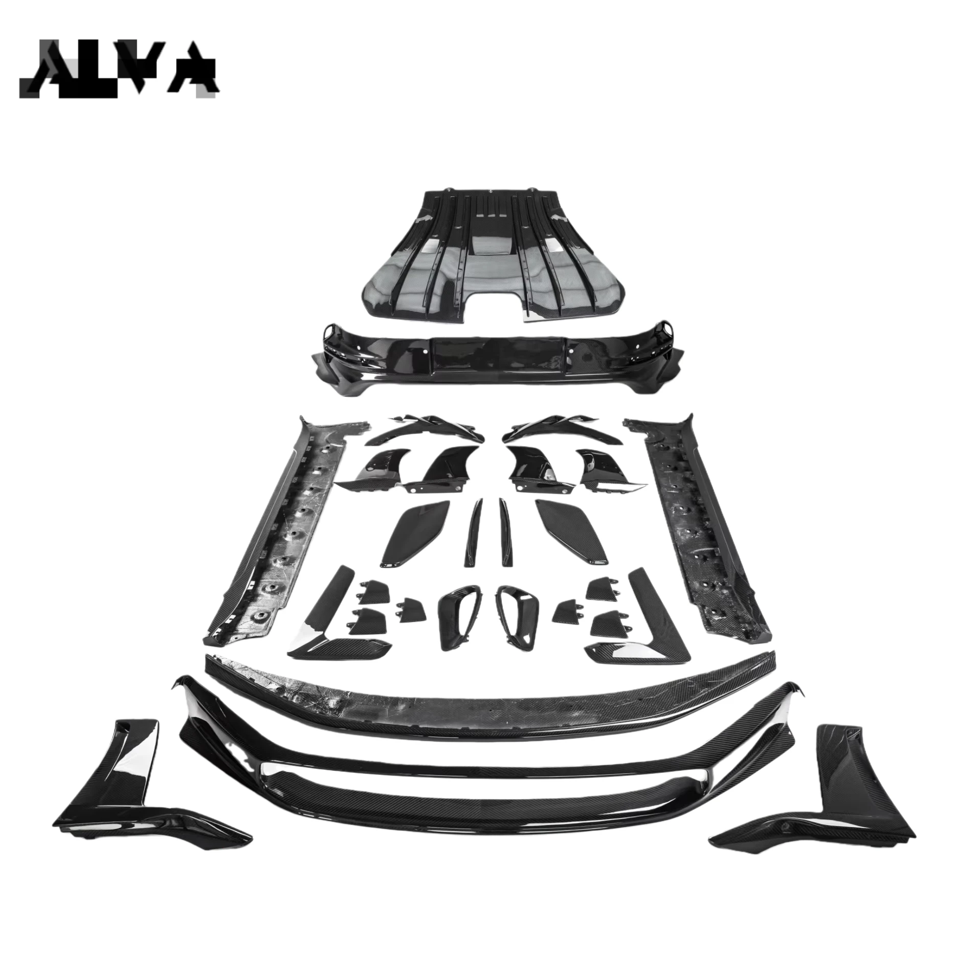 High Quality OEM Dry Carbon Fiber Aviation Body Kit Full Set Of Polished Front Lip Side Skirt Rear Diffuser Rear Fender