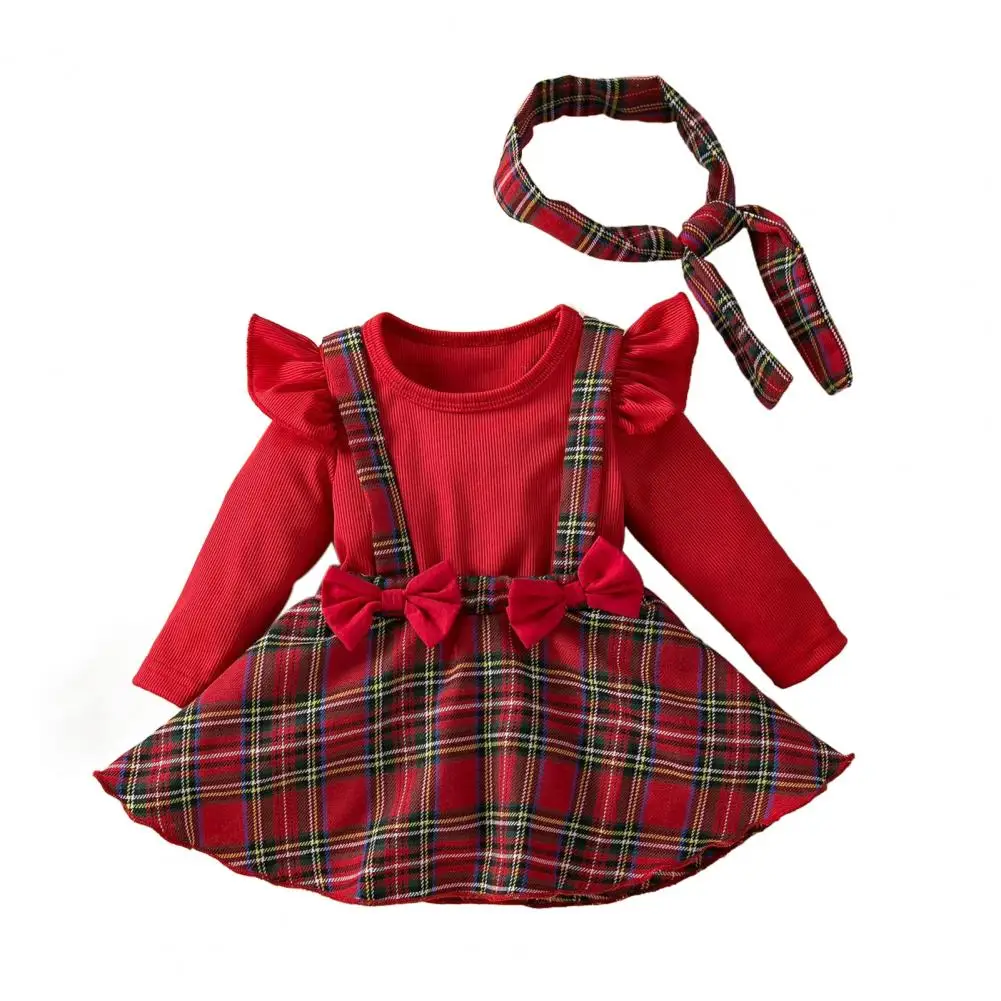 Girls Knitted Dress Christmas Plaid A-line Dress with Headband for  Ruffle Bow Decor Long Sleeves Overalls Children's New