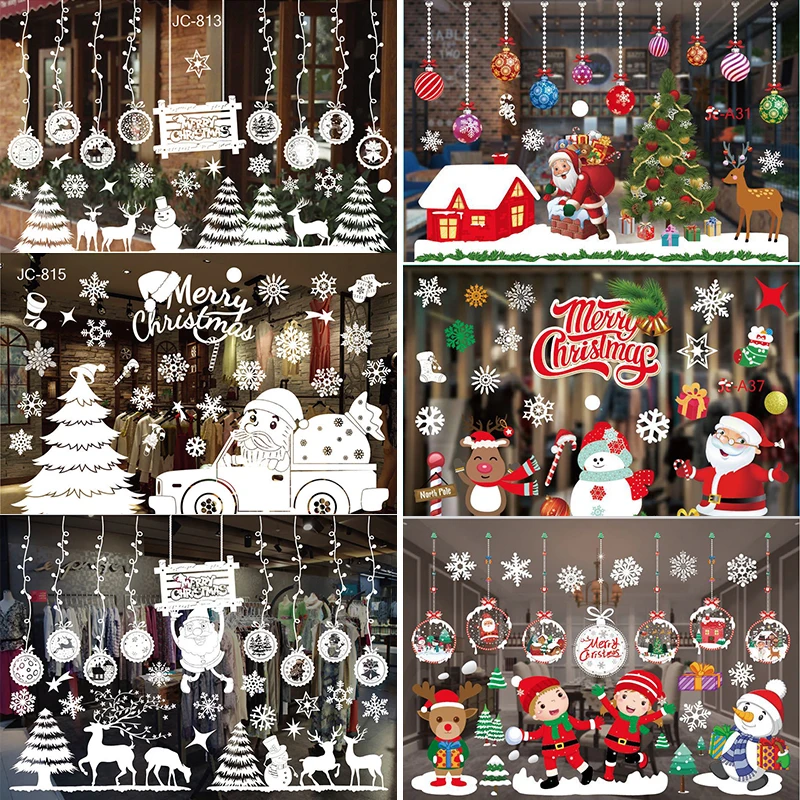 

Merry Christmas Window Sticker PVC Removable Wall Stickers for Home Decor Xmas White Christmas Cartoon Bathroom Glass Decoration