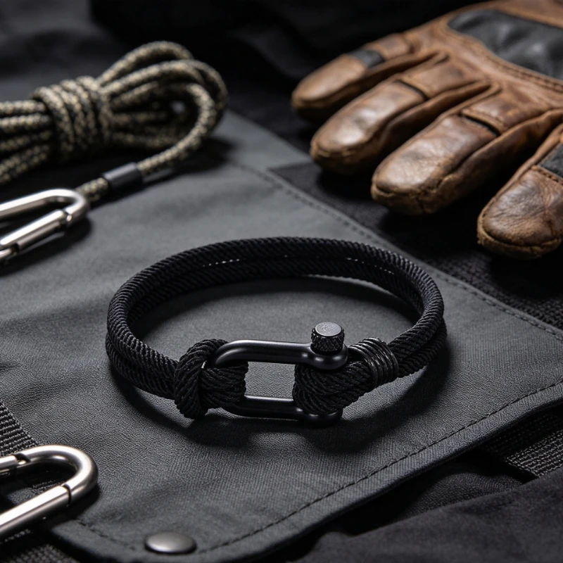 Stainless Steel Braided Rope Bracelet Black Shackle Clasp Knot Nautical Survival Wristband Men Casual Handmade Jewelry Gift
