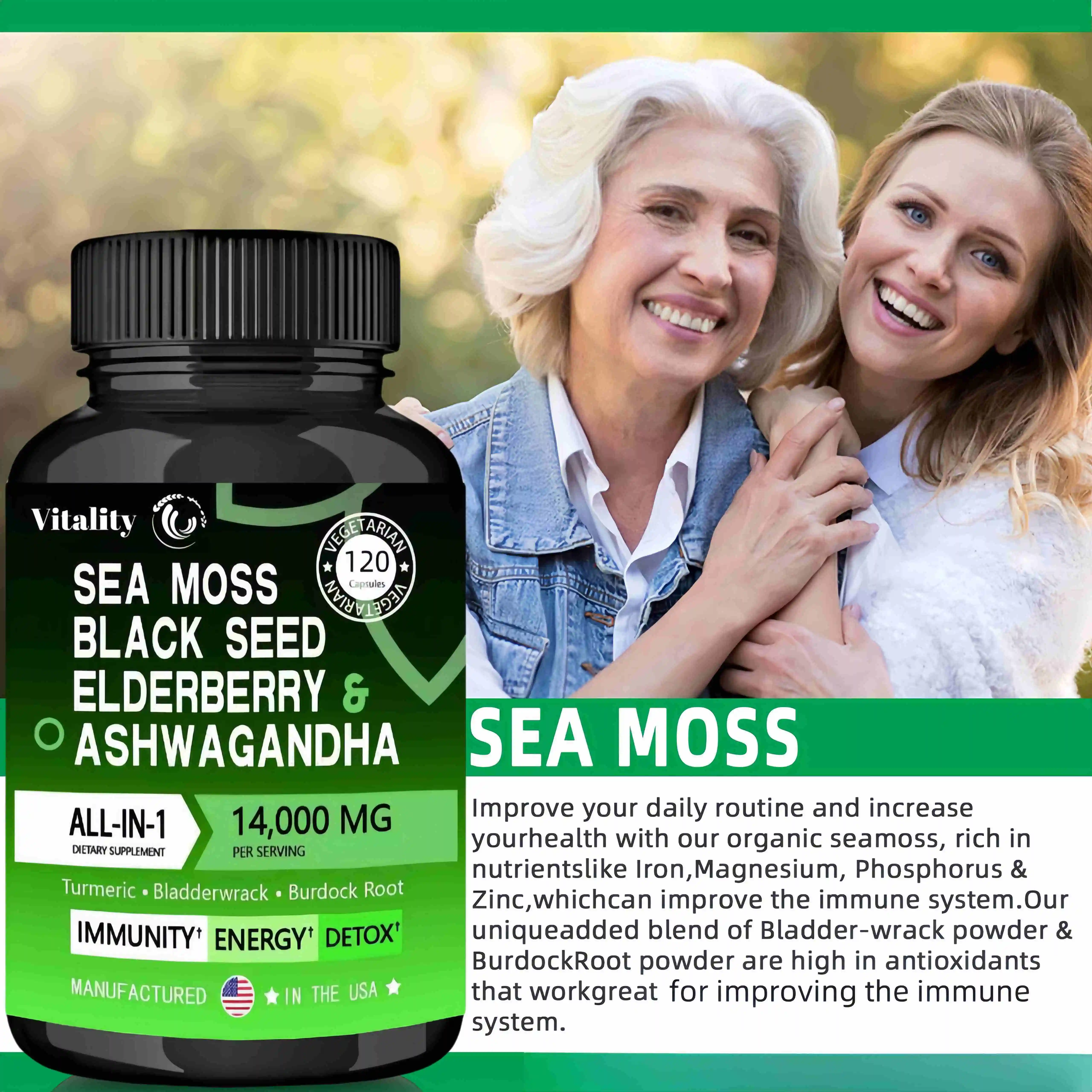 Organic Sea Moss Capsules Supplement Iron, Zinc, Selenium, Calcium Trace Element Supports Thyroid Improve Immunity