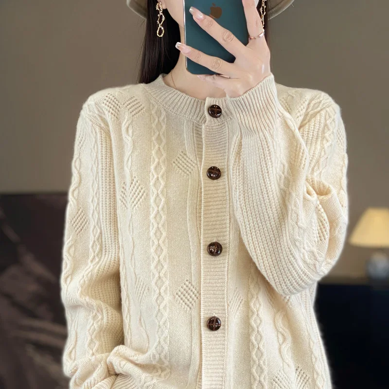 

100% pure wool cardigan autumn and winter new fashion cashmere sweater female O-neck solid color loose warm bottoming knit coat