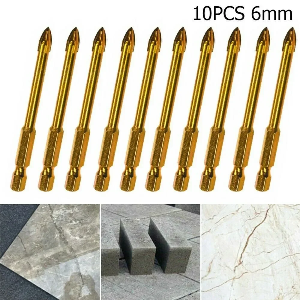 10 STKS 6 mm Titanium Boren Set Cross Spear Head Boor Hex Shank Tegel Porselein Marmer Keramiek Glas Baksteen Boren Gereedschap