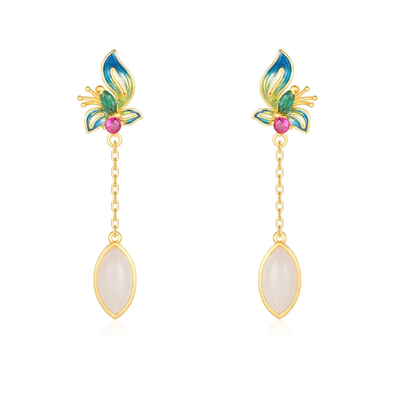 Natural Hetian White Jade Court Style Earrings for Women Original Butterfly Vintage Chinese Styles Earings High Fine Jewelry