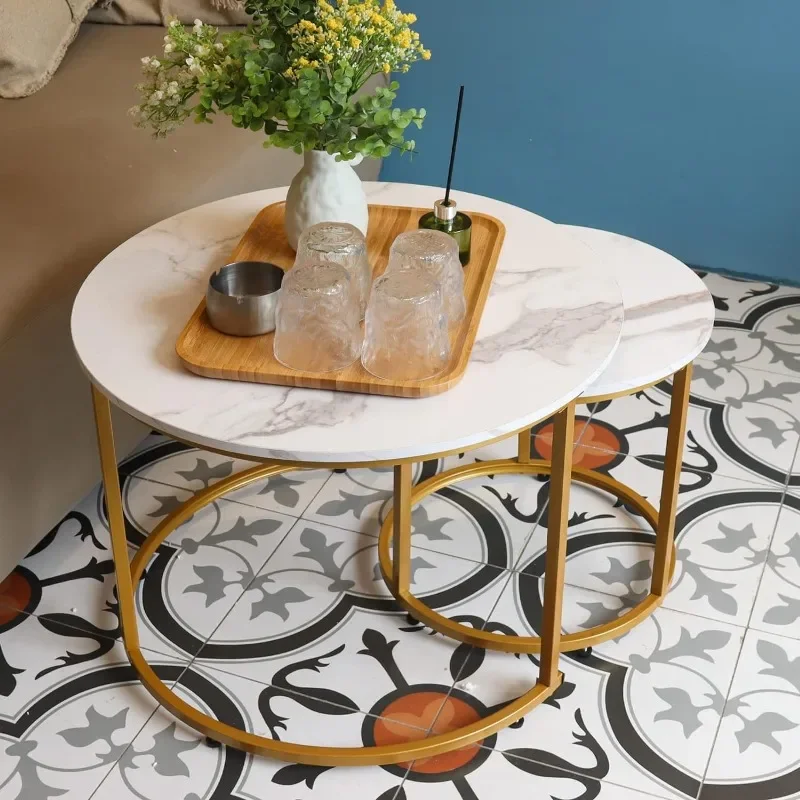 Coffee Table Nesting White Set of 2 Side Set Golden Frame Circular Round and Marble Pattern Wooden Tables