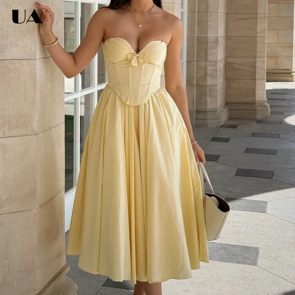 

Elegant Sweetheart Neck Lace-up Bow Midi Prom Dress, Simple Sleeveless Long Dresses for Women, Fashionable Ruched Party Dress