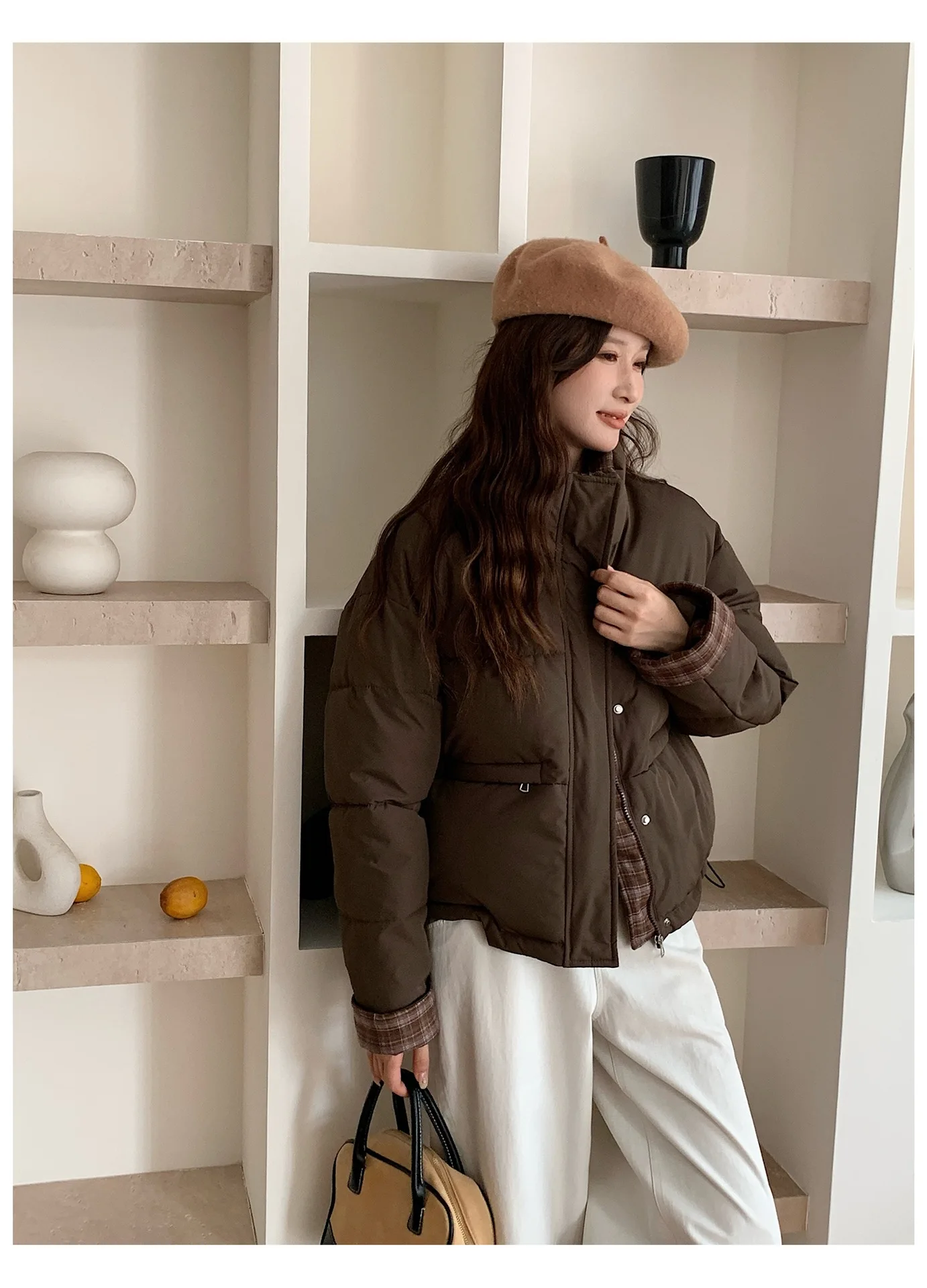 American Plaid Patchwork Puffer Jacket Women Winter Thick Stand Collar Short Parkas Woman Korean Casual Preppy Style Outerwear
